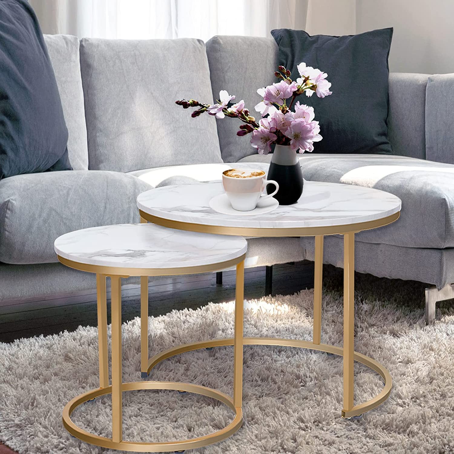 aboxoo coffee table nesting white 2 piece set golden frame round marble pattern wooden table, living room bedroom apartment modern industrial minimalist bedside table